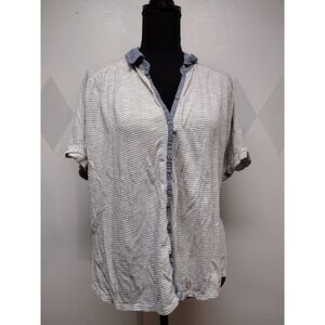 Lucky Brand tan striped blue collar button front top
